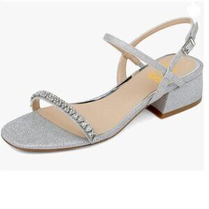 FYS Silver Rhinestone Studded Round Toe Sandals Ankle Strap Block Low Heels Shoe